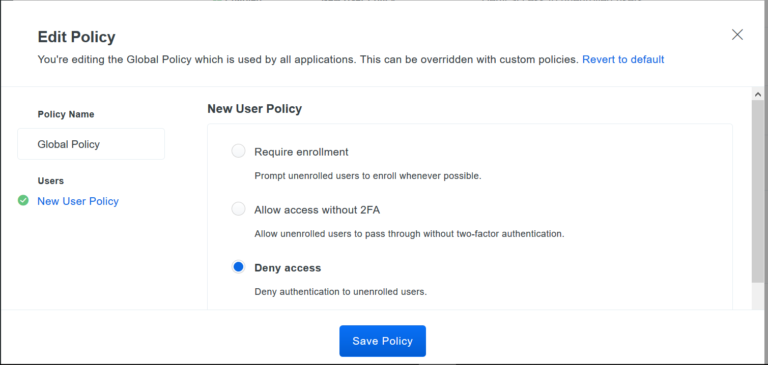 Screenshot of new user policy options for email enrollment and access control.