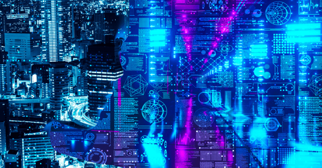 Futuristic digital cityscape with neon lights.