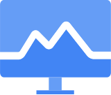 A minimalist blue logo with a white mountain outline on a monitor.