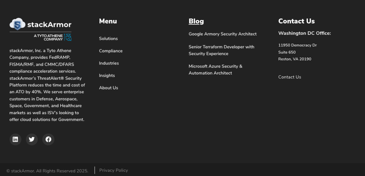 stackArmor footer with company info, menu, blog, and contact details on dark background.